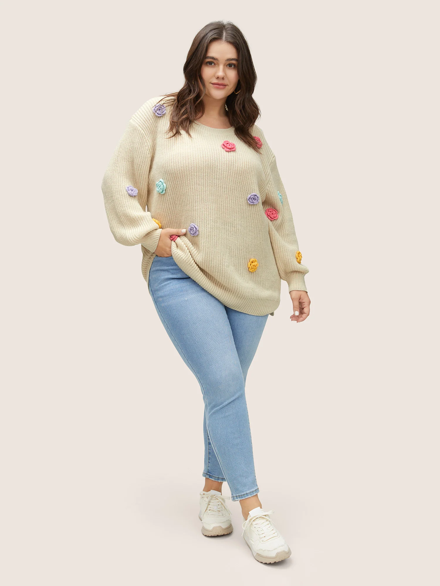 Stereo Flower Design Split Hem Pullover - Image 3
