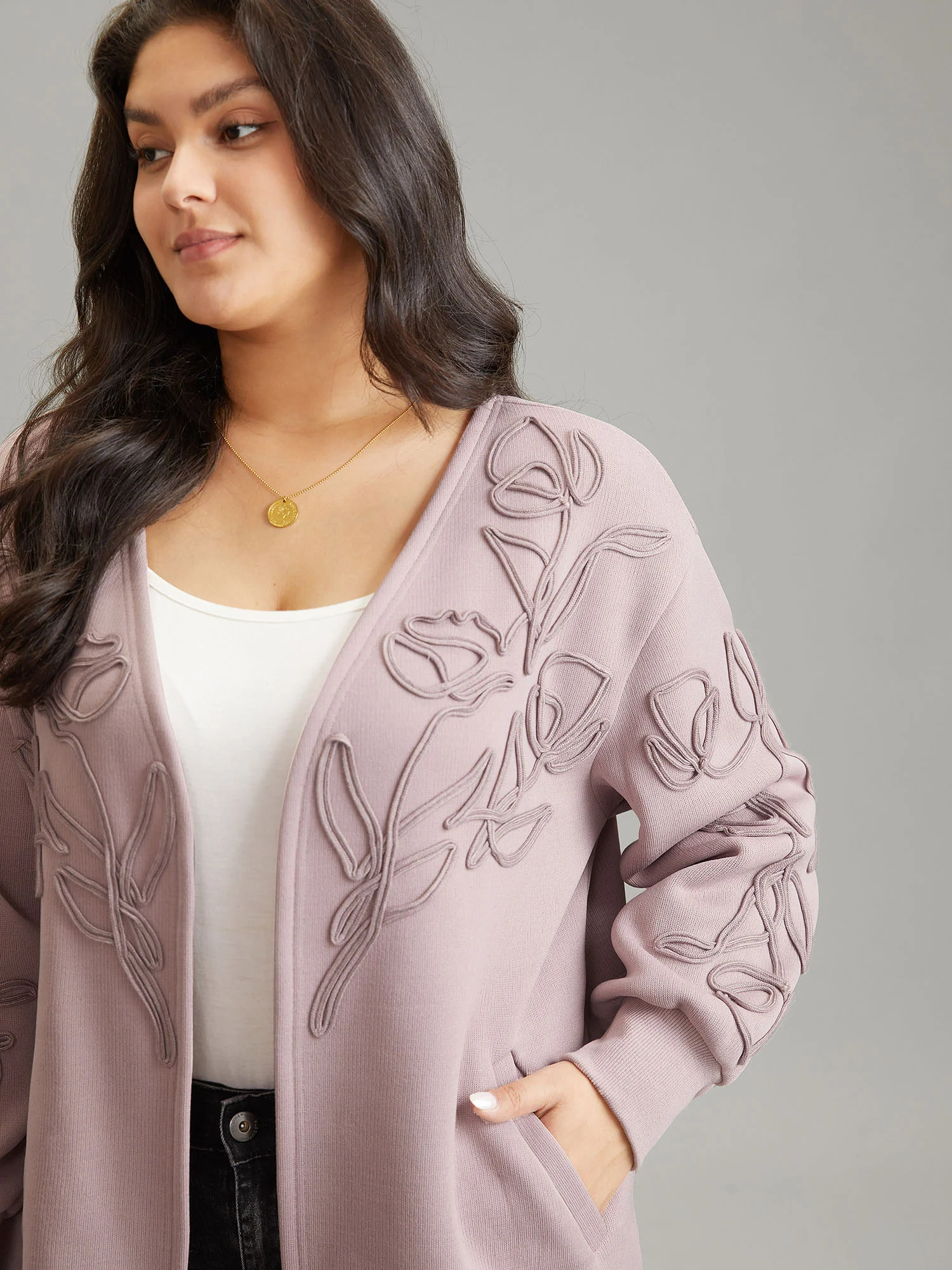 Stereo Flower Design Rib Knit Jacket - Image 4