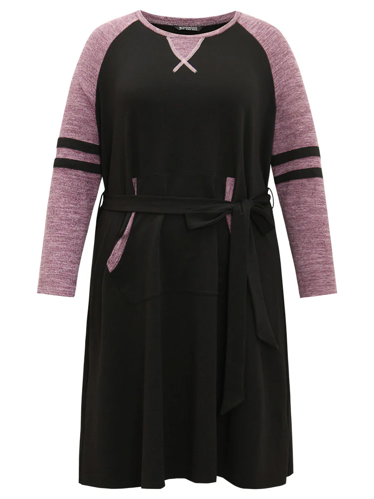 Stitch Pocket Striped Patchwork Raglan Sleeve Belted Dress - Image 10