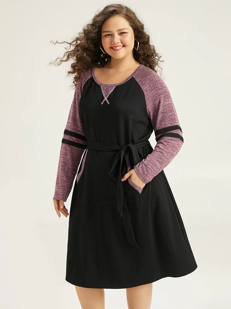 Stitch Pocket Striped Patchwork Raglan Sleeve Belted Dress - Image 2