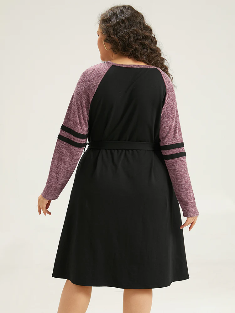 Stitch Pocket Striped Patchwork Raglan Sleeve Belted Dress - Image 3