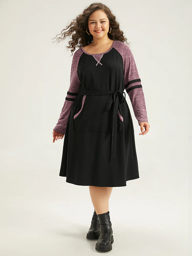 Stitch Pocket Striped Patchwork Raglan Sleeve Belted Dress - Image 4
