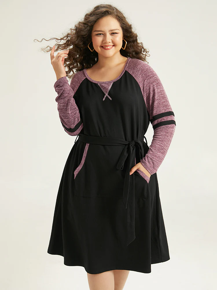 Stitch Pocket Striped Patchwork Raglan Sleeve Belted Dress - Image 5