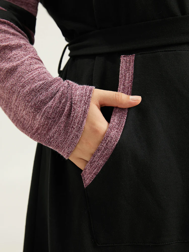 Stitch Pocket Striped Patchwork Raglan Sleeve Belted Dress - Image 7