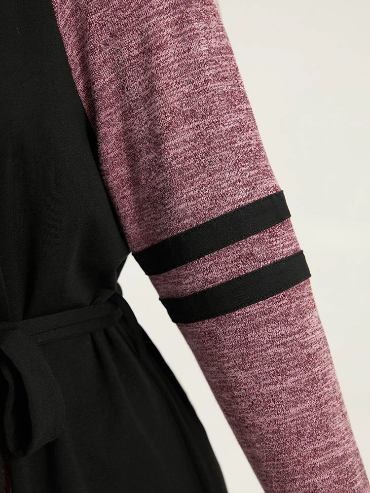 Stitch Pocket Striped Patchwork Raglan Sleeve Belted Dress - Image 8