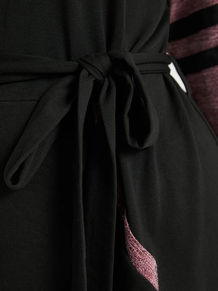 Stitch Pocket Striped Patchwork Raglan Sleeve Belted Dress - Image 9