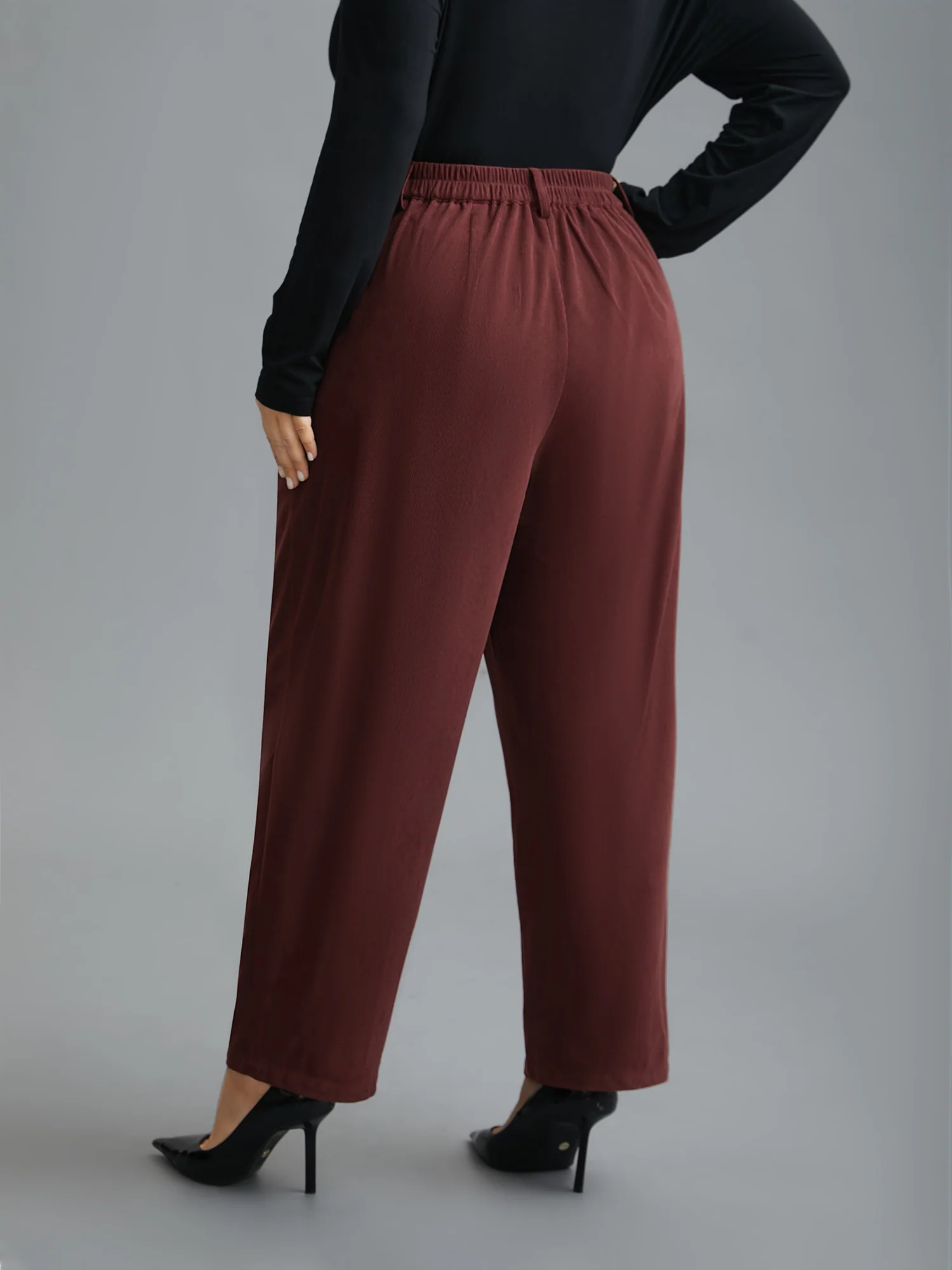 Straight Leg Elastic Waist Corduroy Pants - Image 2