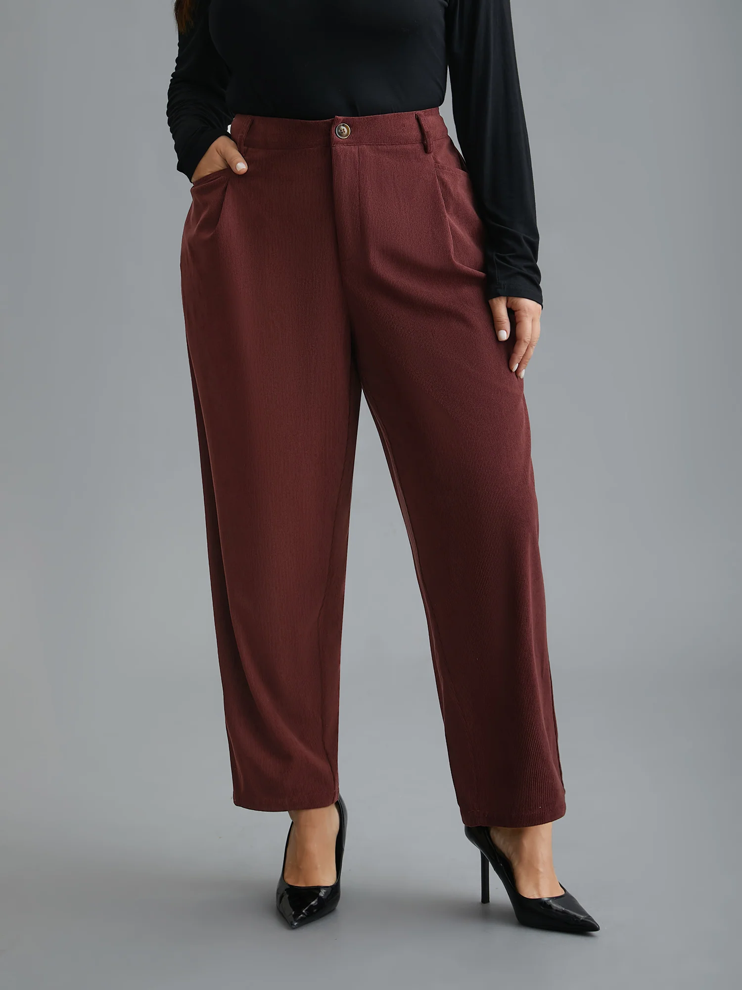 Straight Leg Elastic Waist Corduroy Pants - Image 3