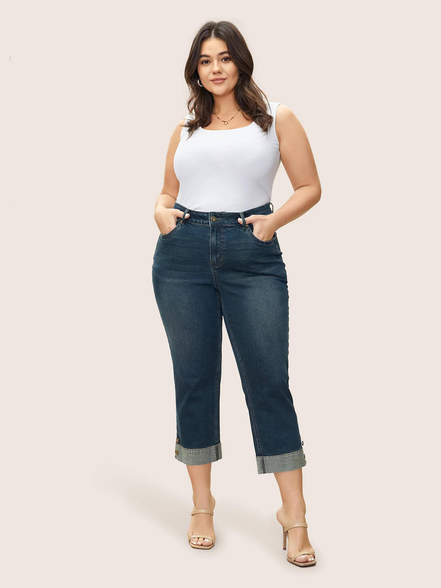 Straight Leg Patchwork Hem Metal Button Detail Jeans - Image 2