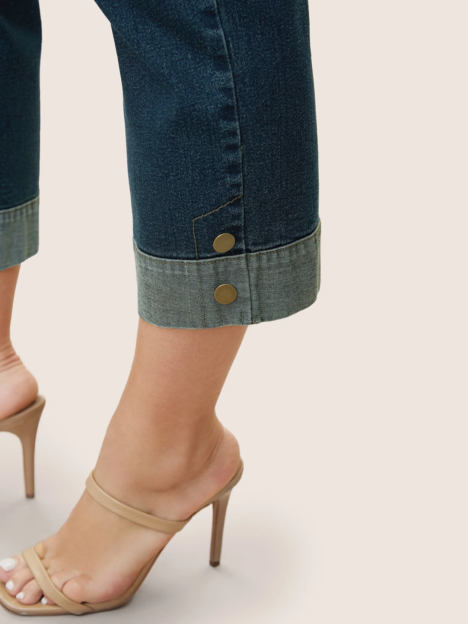 Straight Leg Patchwork Hem Metal Button Detail Jeans - Image 3