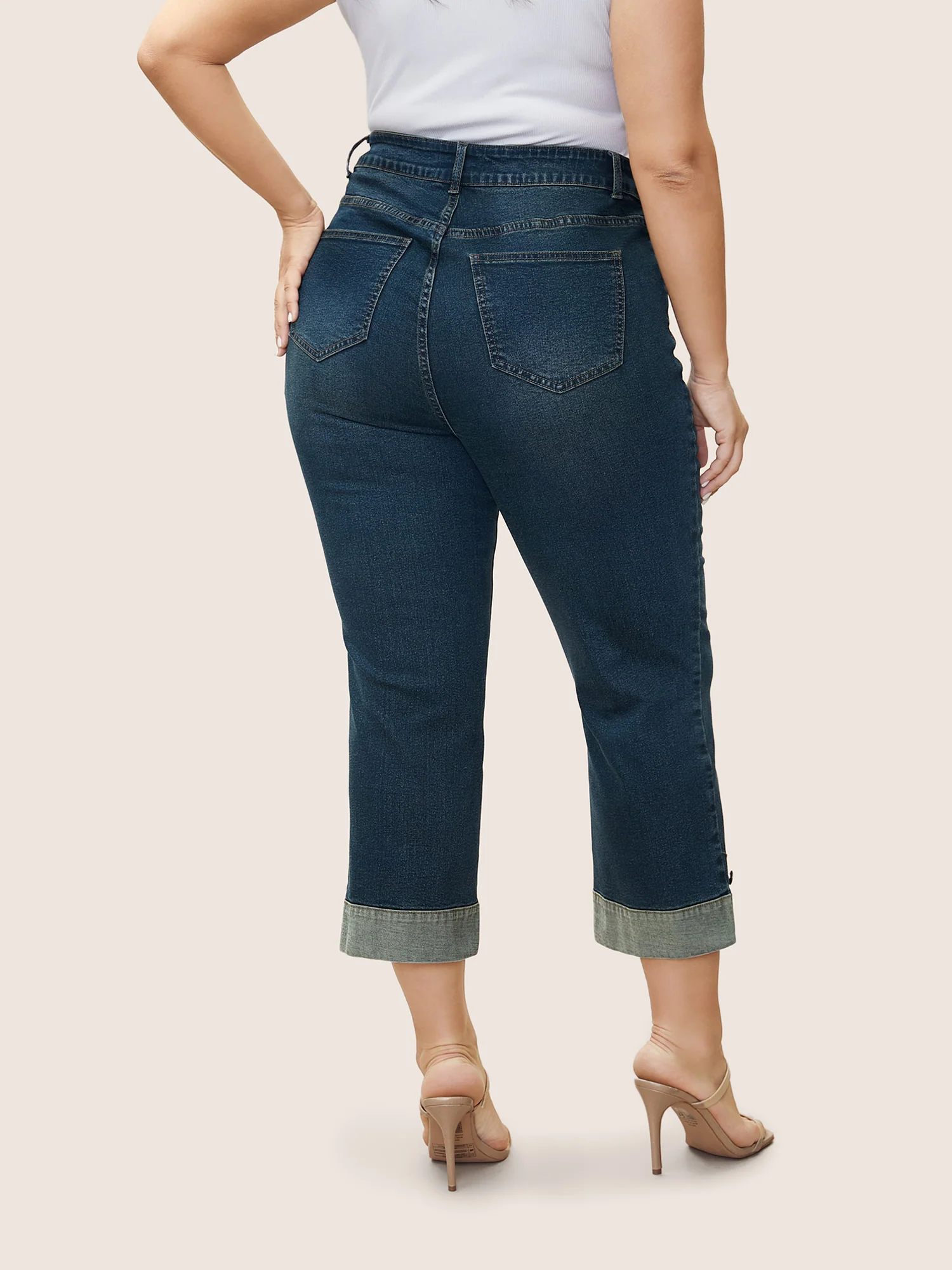 Straight Leg Patchwork Hem Metal Button Detail Jeans - Image 4