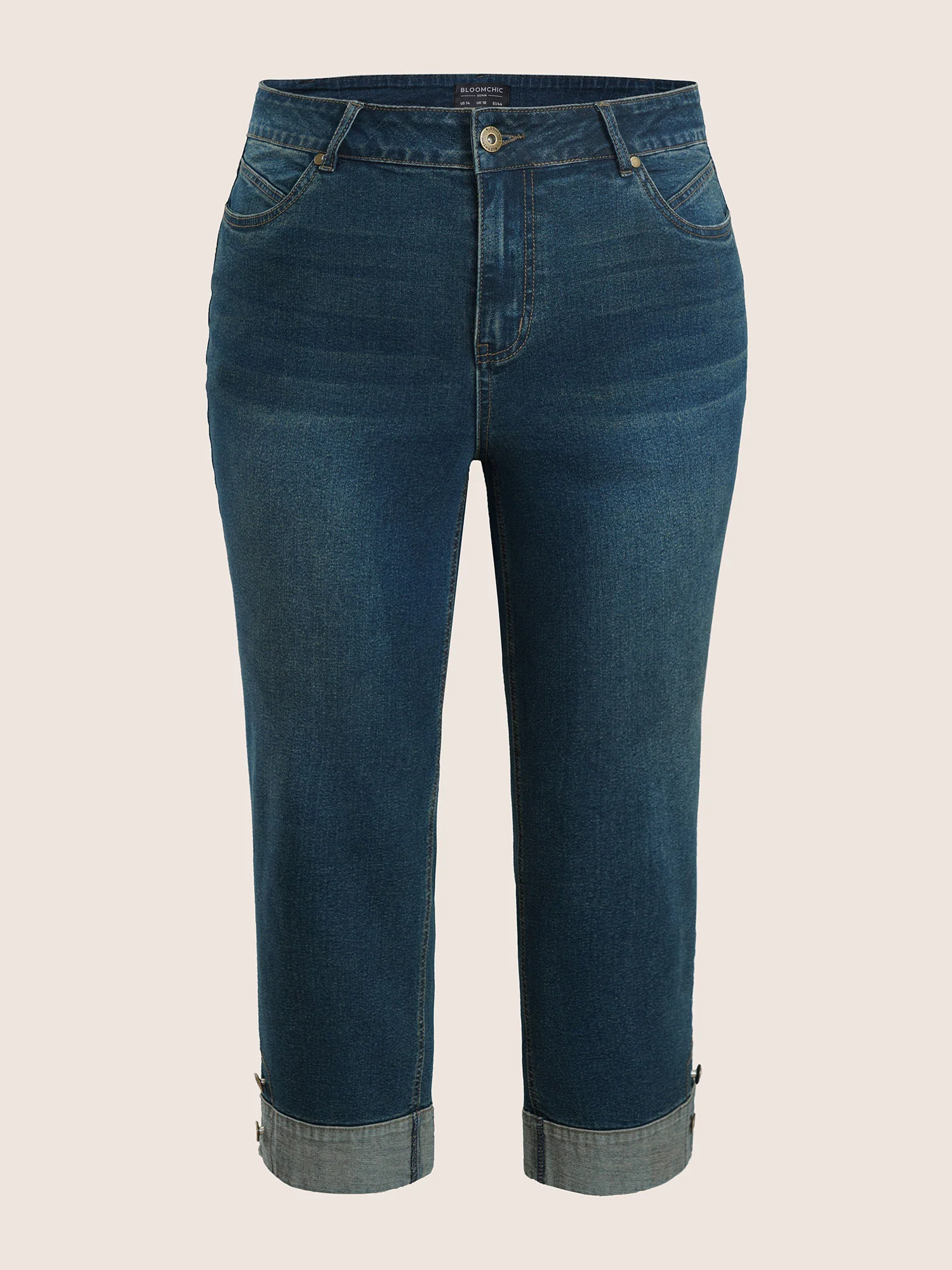 Straight Leg Patchwork Hem Metal Button Detail Jeans - Image 6