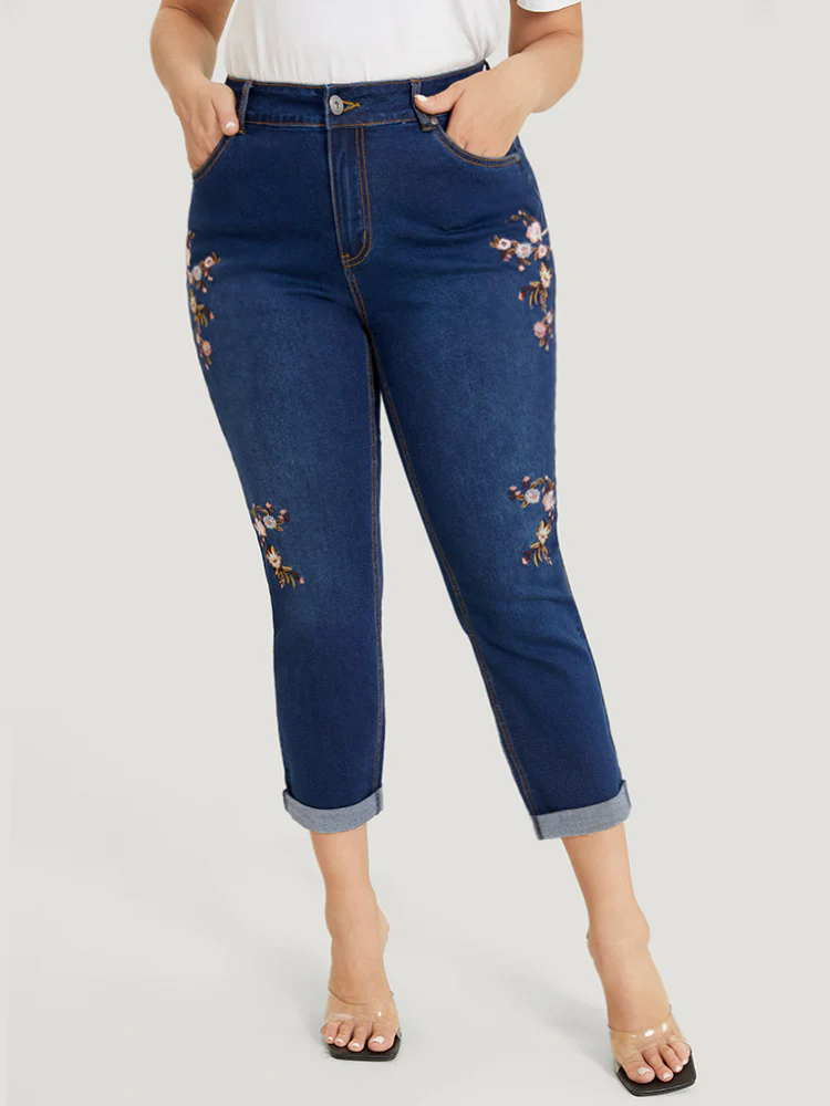 Straight Leg Very Stretchy Dark Wash Floral Embroidered Jeans - Image 2