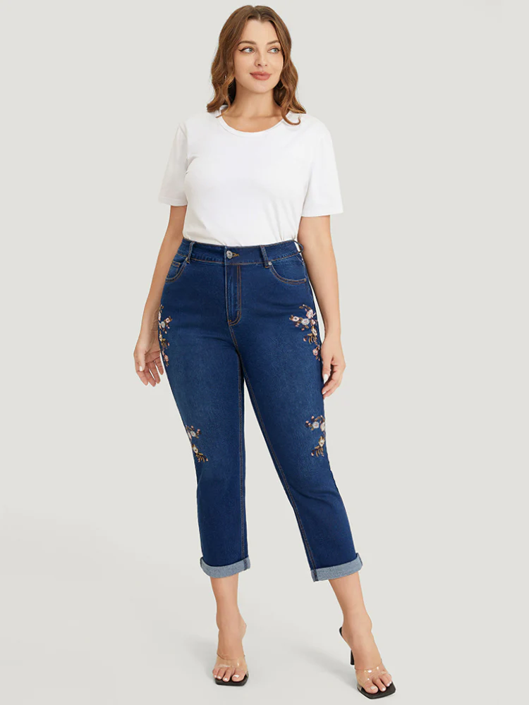 Straight Leg Very Stretchy Dark Wash Floral Embroidered Jeans - Image 3