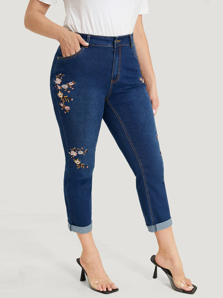 Straight Leg Very Stretchy Dark Wash Floral Embroidered Jeans - Image 4
