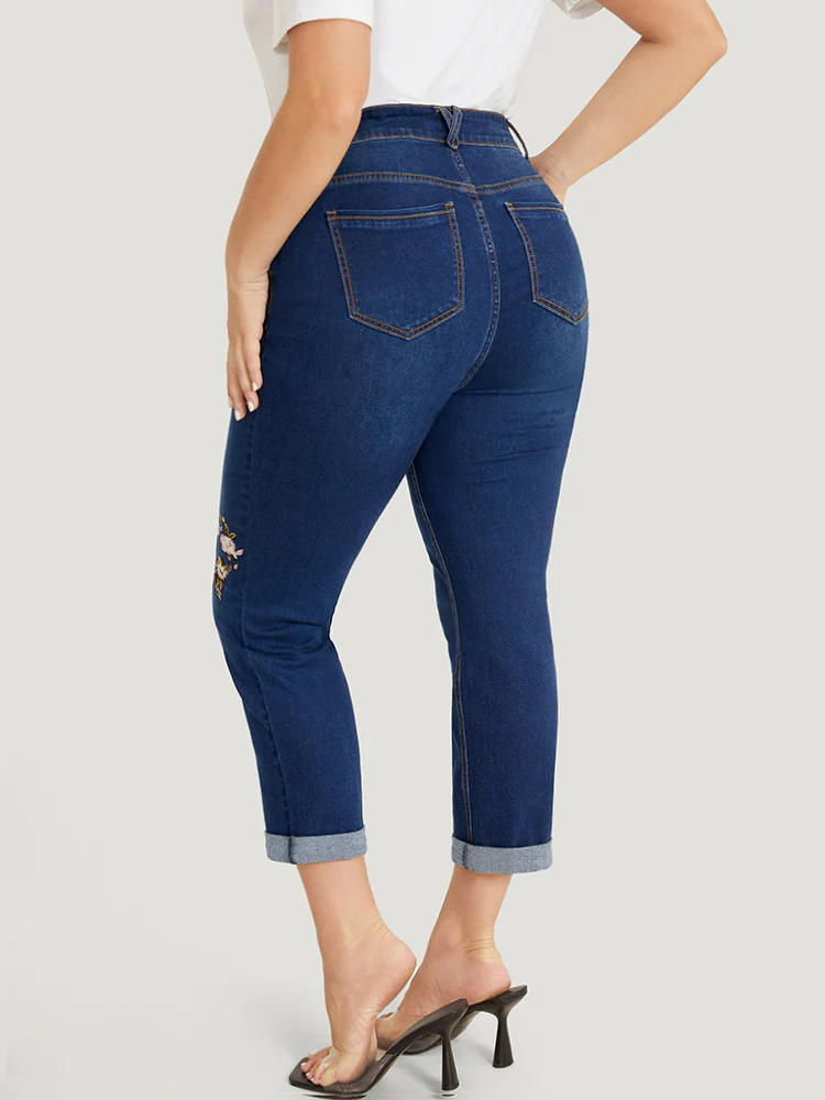 Straight Leg Very Stretchy Dark Wash Floral Embroidered Jeans - Image 5