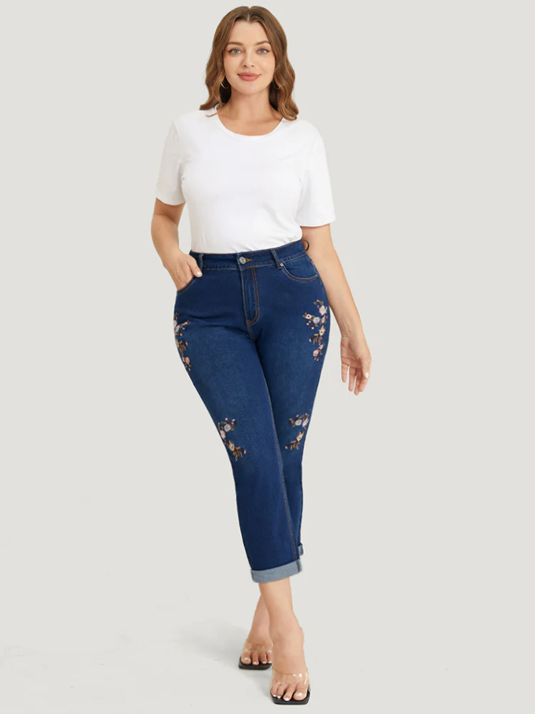 Straight Leg Very Stretchy Dark Wash Floral Embroidered Jeans - Image 6
