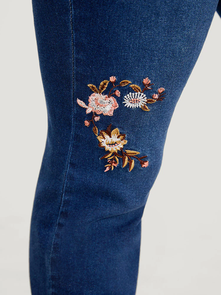 Straight Leg Very Stretchy Dark Wash Floral Embroidered Jeans - Image 8
