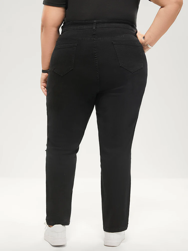 Straight Moderately Stretchy Mid Rise Black Wash Distressed Jeans - Image 7