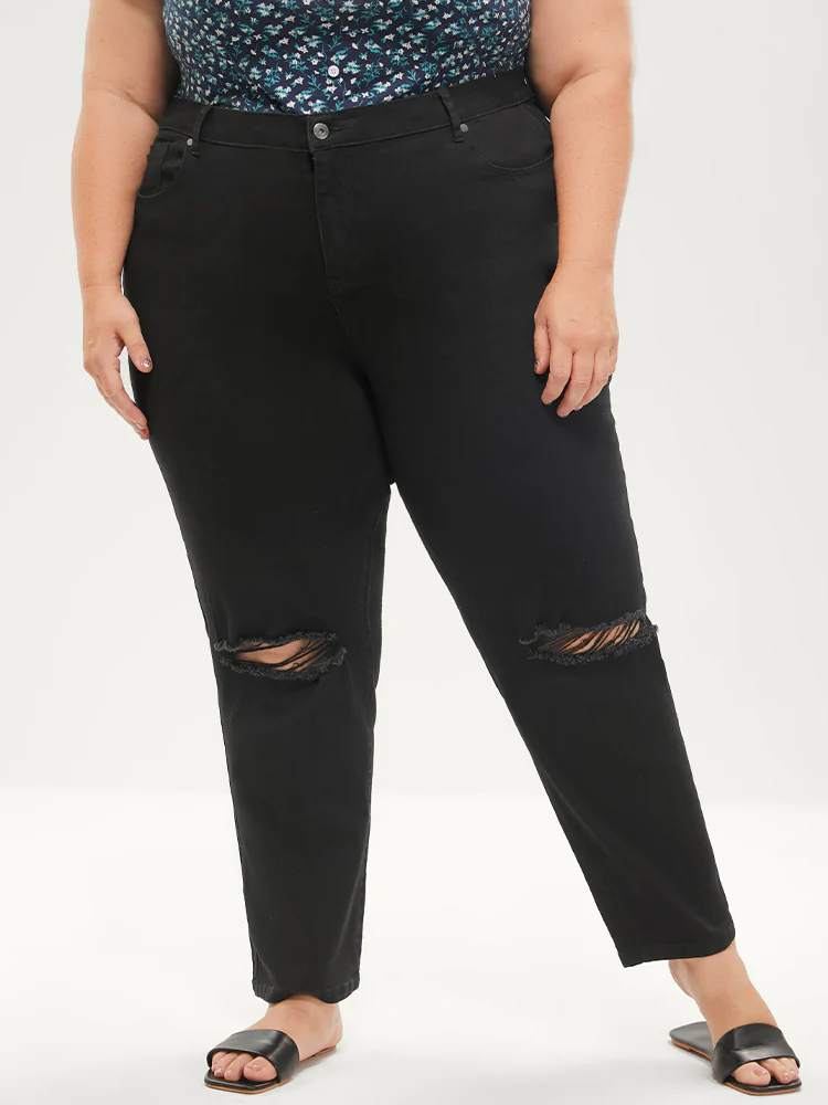 Straight Moderately Stretchy Mid Rise Black Wash Distressed Jeans - Image 8