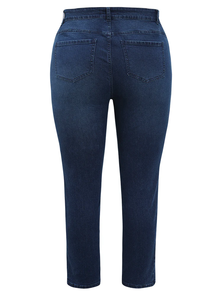 Straight Very Stretchy High Rise Dark Wash Embroidered Trim Jeans - Image 10