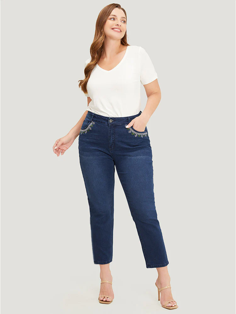 Straight Very Stretchy High Rise Dark Wash Embroidered Trim Jeans - Image 2