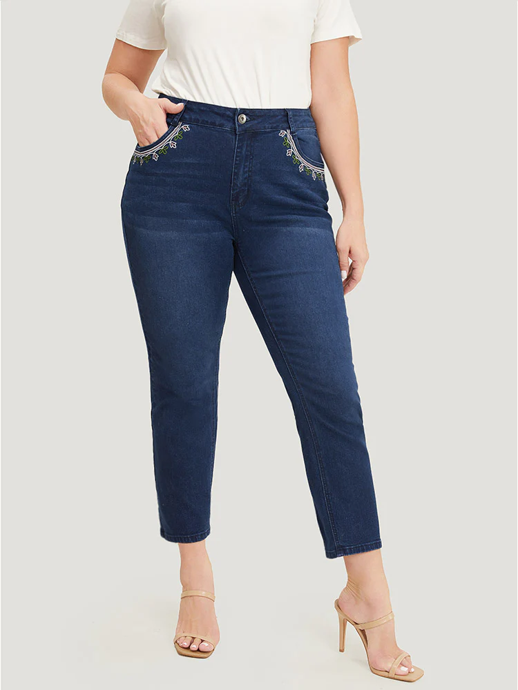Straight Very Stretchy High Rise Dark Wash Embroidered Trim Jeans - Image 3