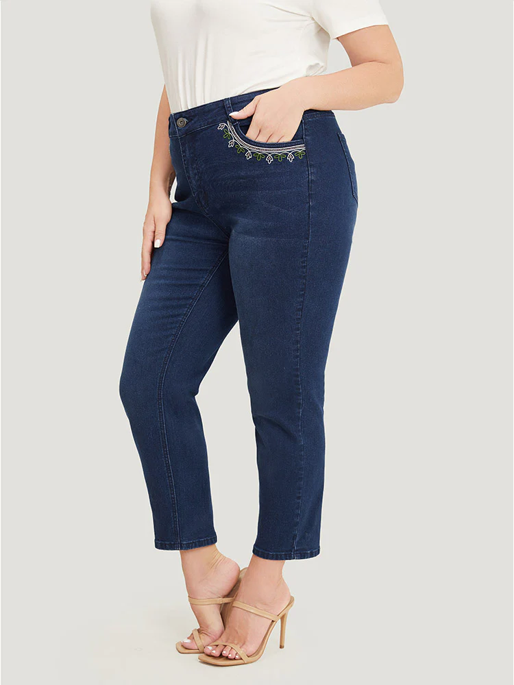 Straight Very Stretchy High Rise Dark Wash Embroidered Trim Jeans - Image 4