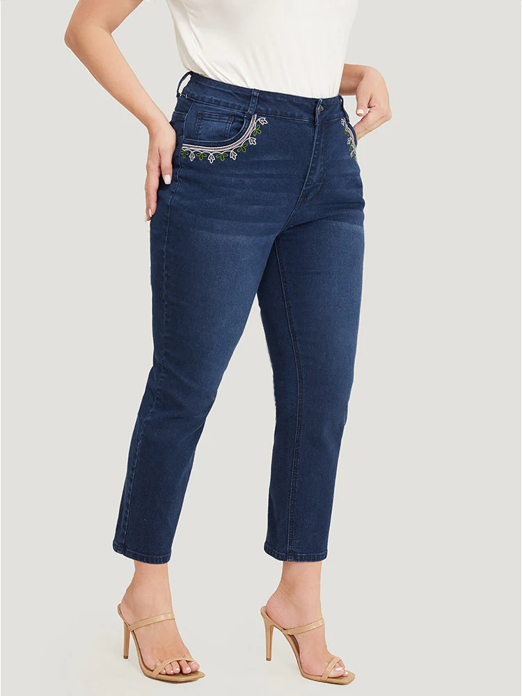 Straight Very Stretchy High Rise Dark Wash Embroidered Trim Jeans - Image 5
