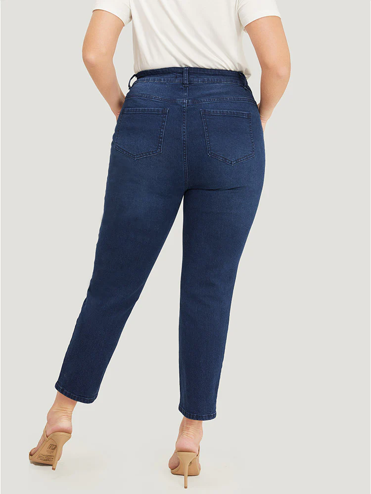Straight Very Stretchy High Rise Dark Wash Embroidered Trim Jeans - Image 6