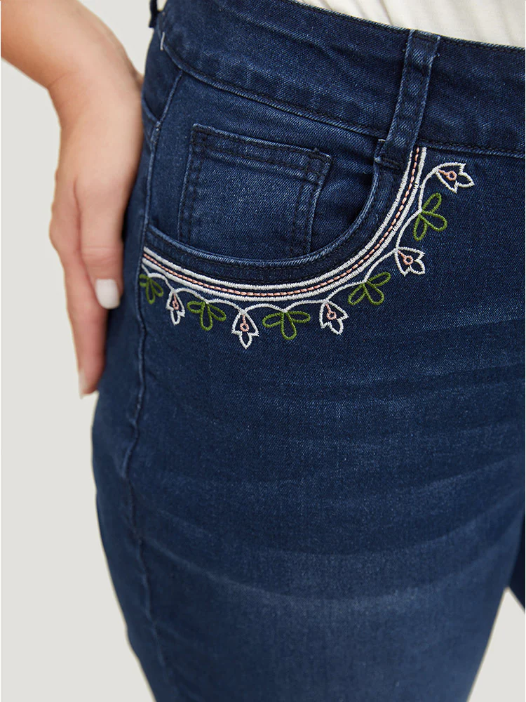 Straight Very Stretchy High Rise Dark Wash Embroidered Trim Jeans - Image 7