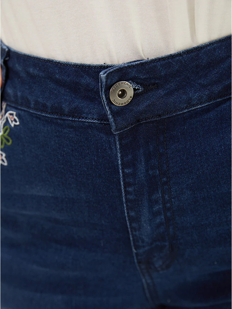 Straight Very Stretchy High Rise Dark Wash Embroidered Trim Jeans - Image 8