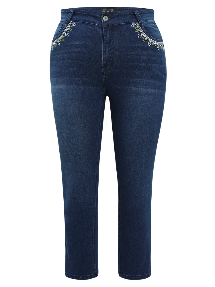 Straight Very Stretchy High Rise Dark Wash Embroidered Trim Jeans - Image 9