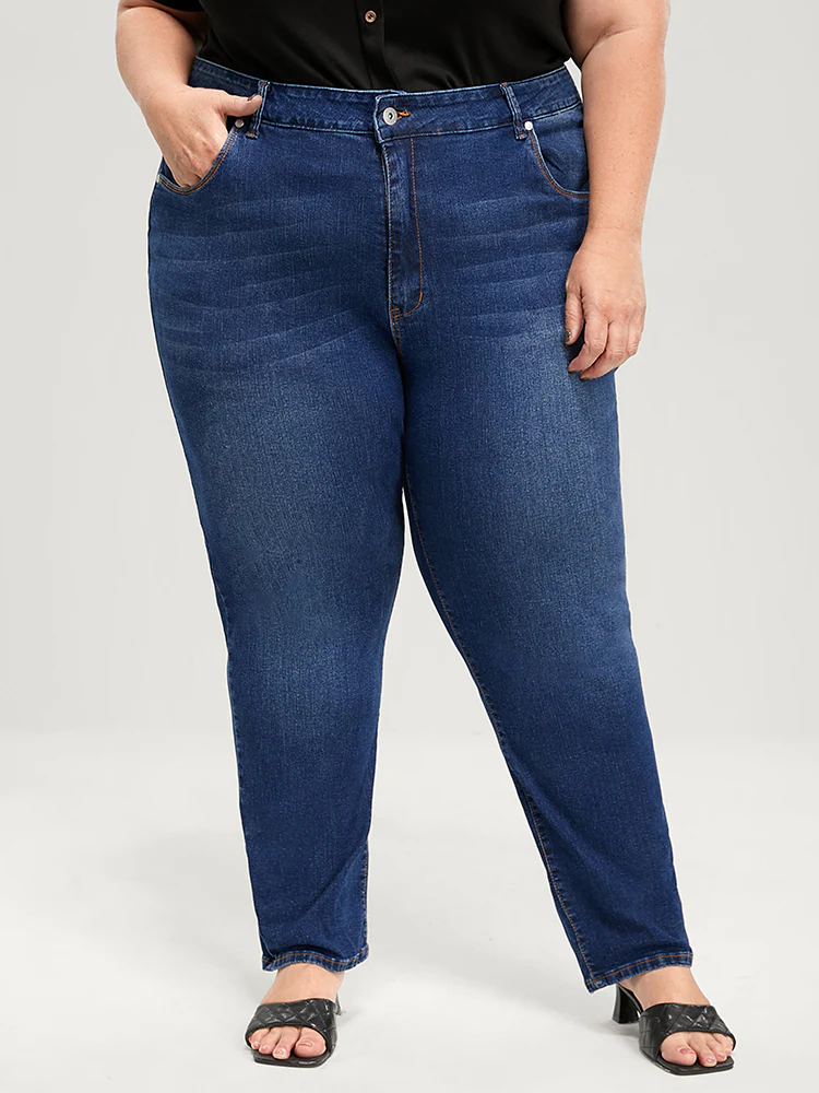 Straight Very Stretchy High Rise Dark Wash Jeans - Image 10