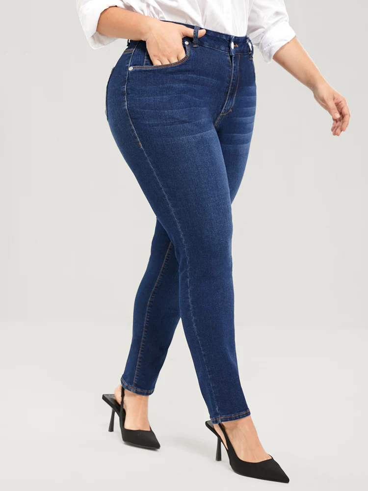 Straight Very Stretchy High Rise Dark Wash Jeans - Image 4