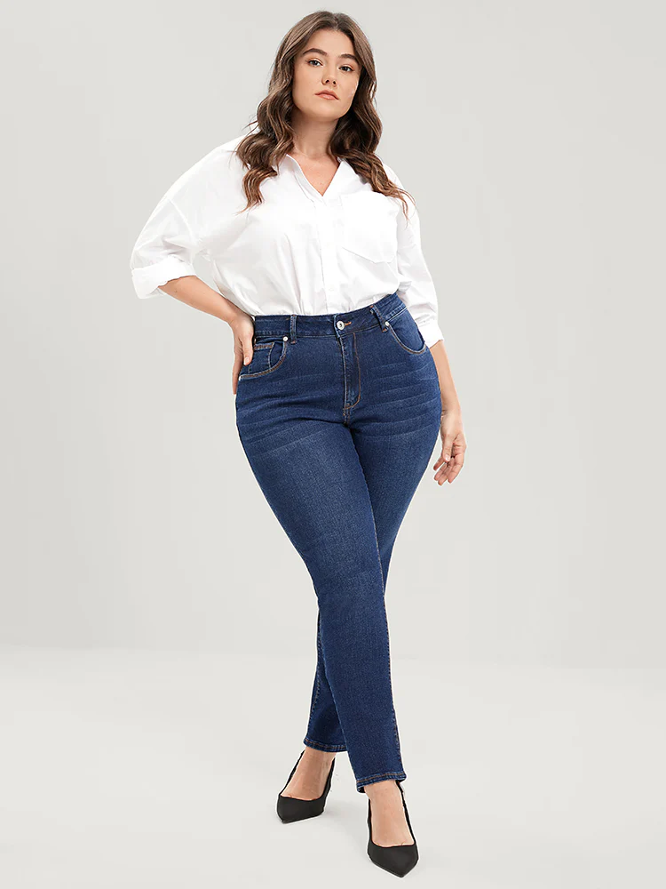 Straight Very Stretchy High Rise Dark Wash Jeans - Image 5