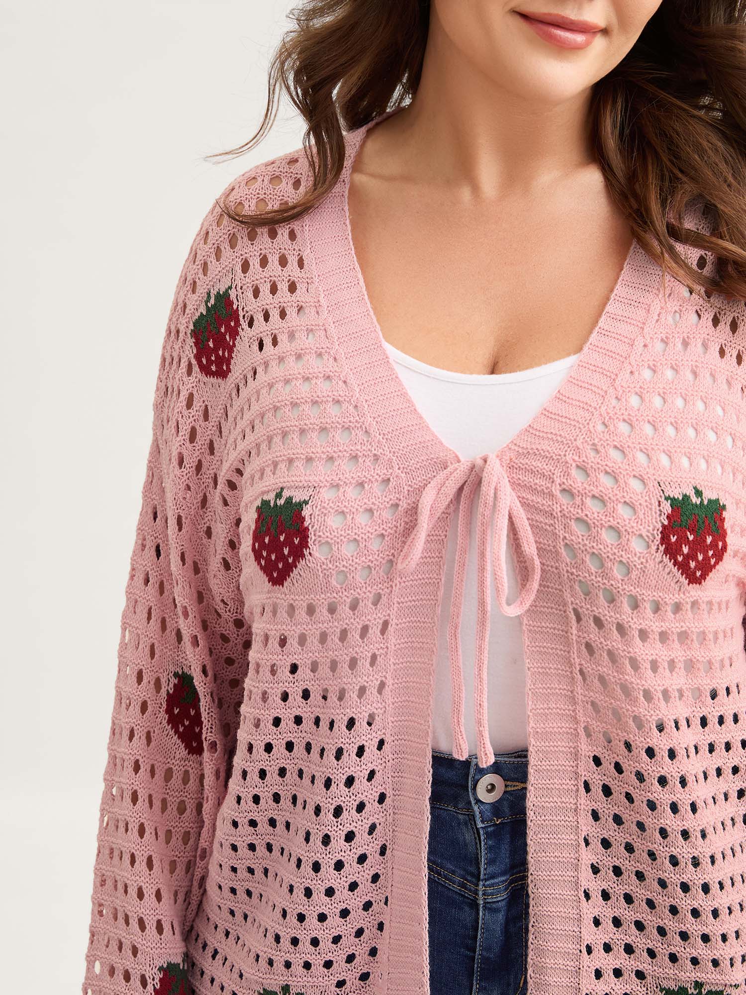 Strawberry Jacquard Embroidery Tie Knit Cardigan - Image 2