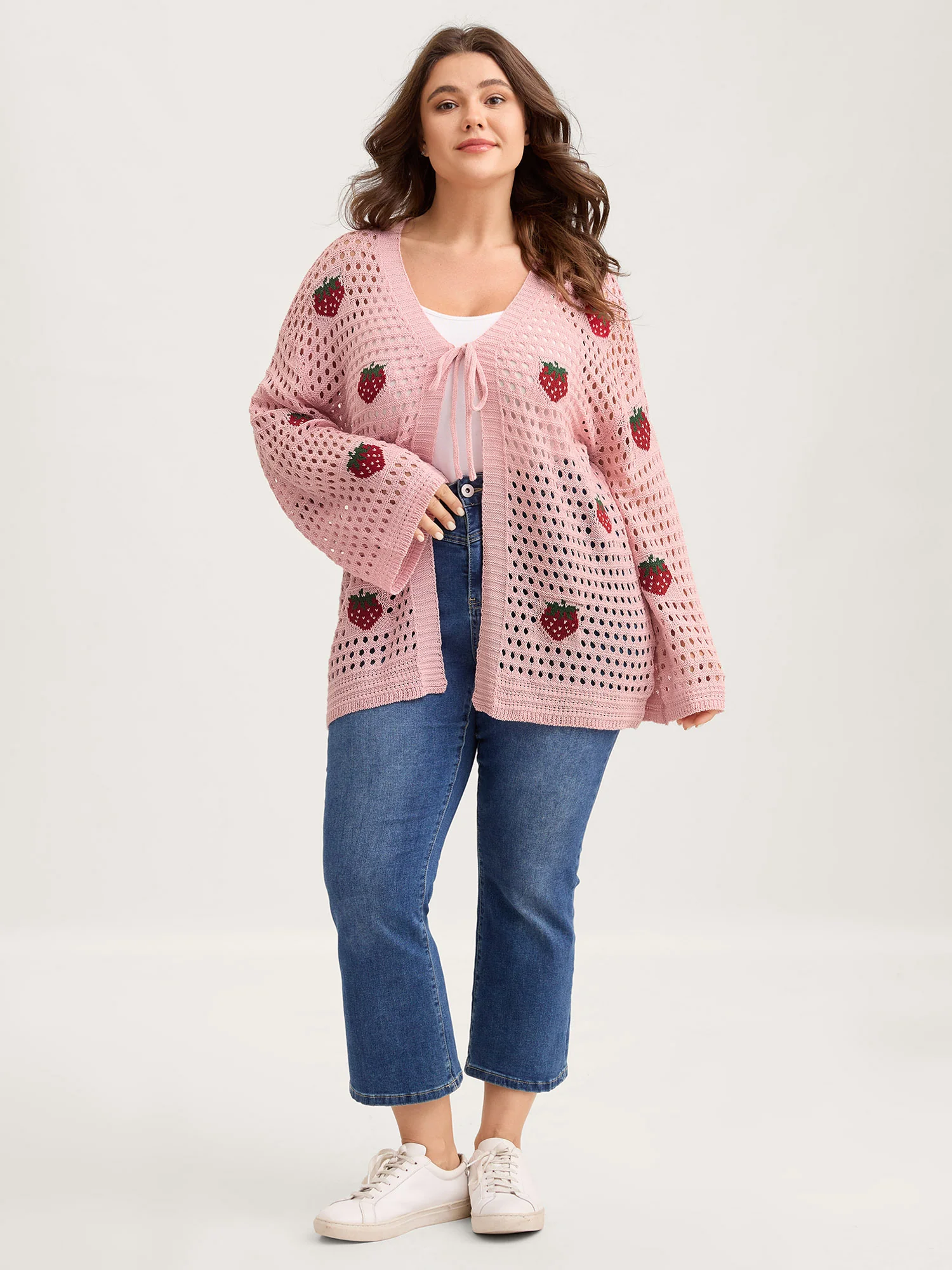 Strawberry Jacquard Embroidery Tie Knit Cardigan - Image 3
