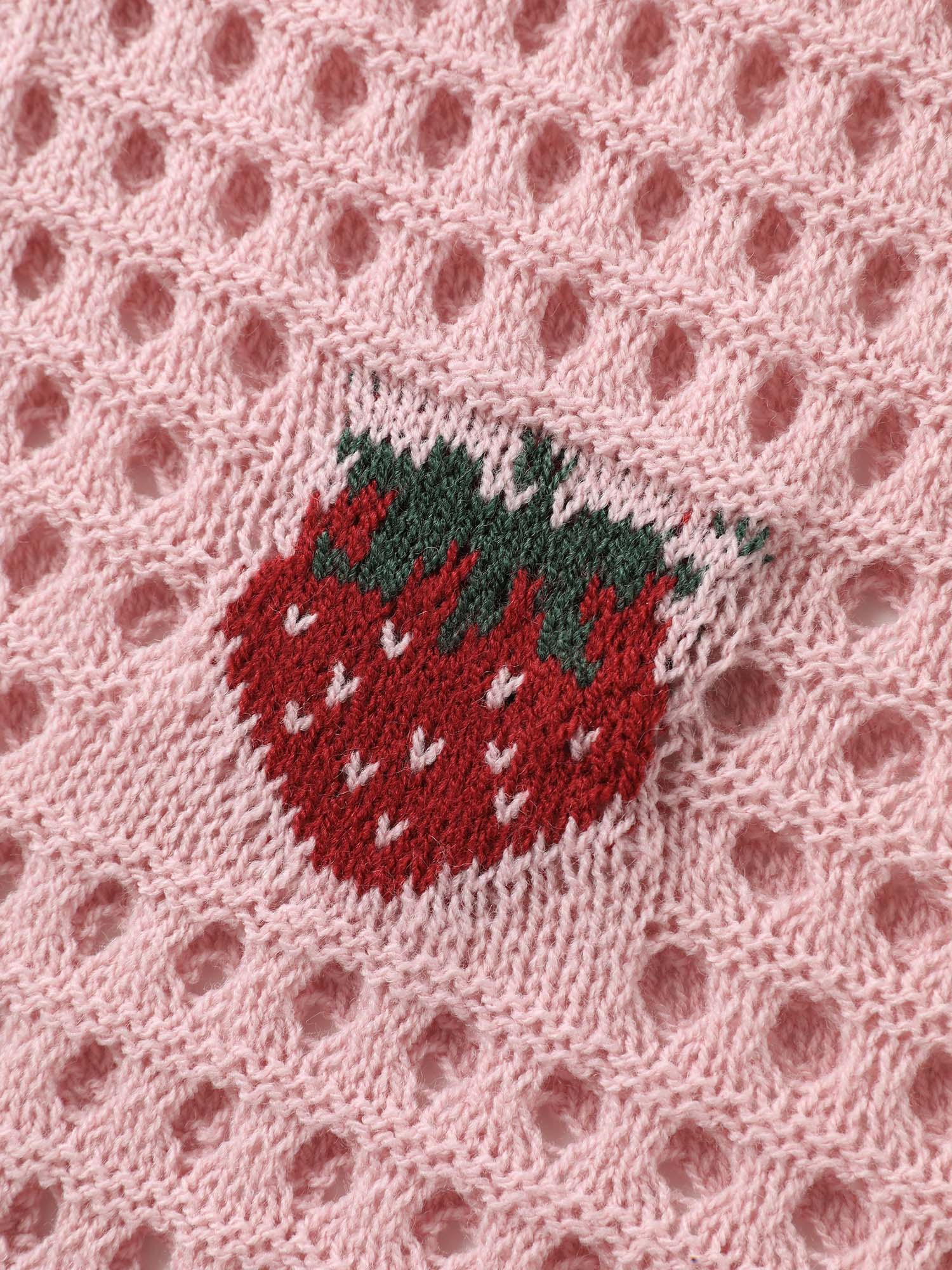Strawberry Jacquard Embroidery Tie Knit Cardigan - Image 6