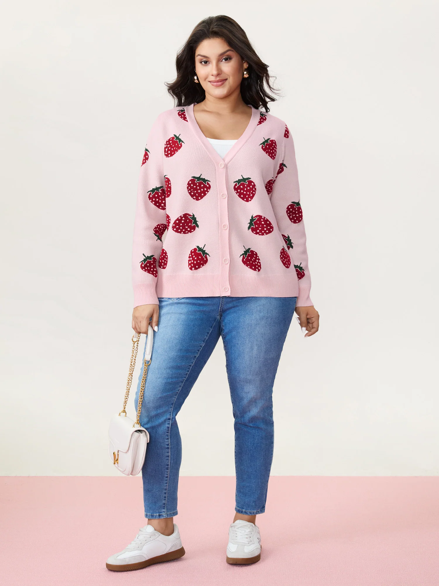 Strawberry Pattern Button-Front Knit Cardigan - Image 2