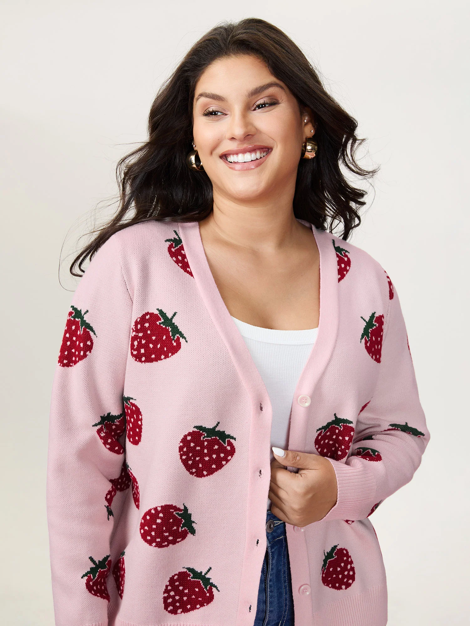 Strawberry Pattern Button-Front Knit Cardigan - Image 3