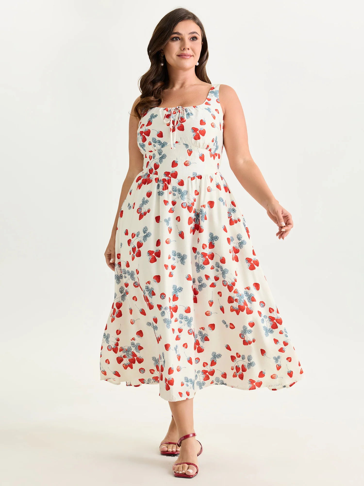 Strawberry Print Cinched-Waist Midi Dress - Image 3