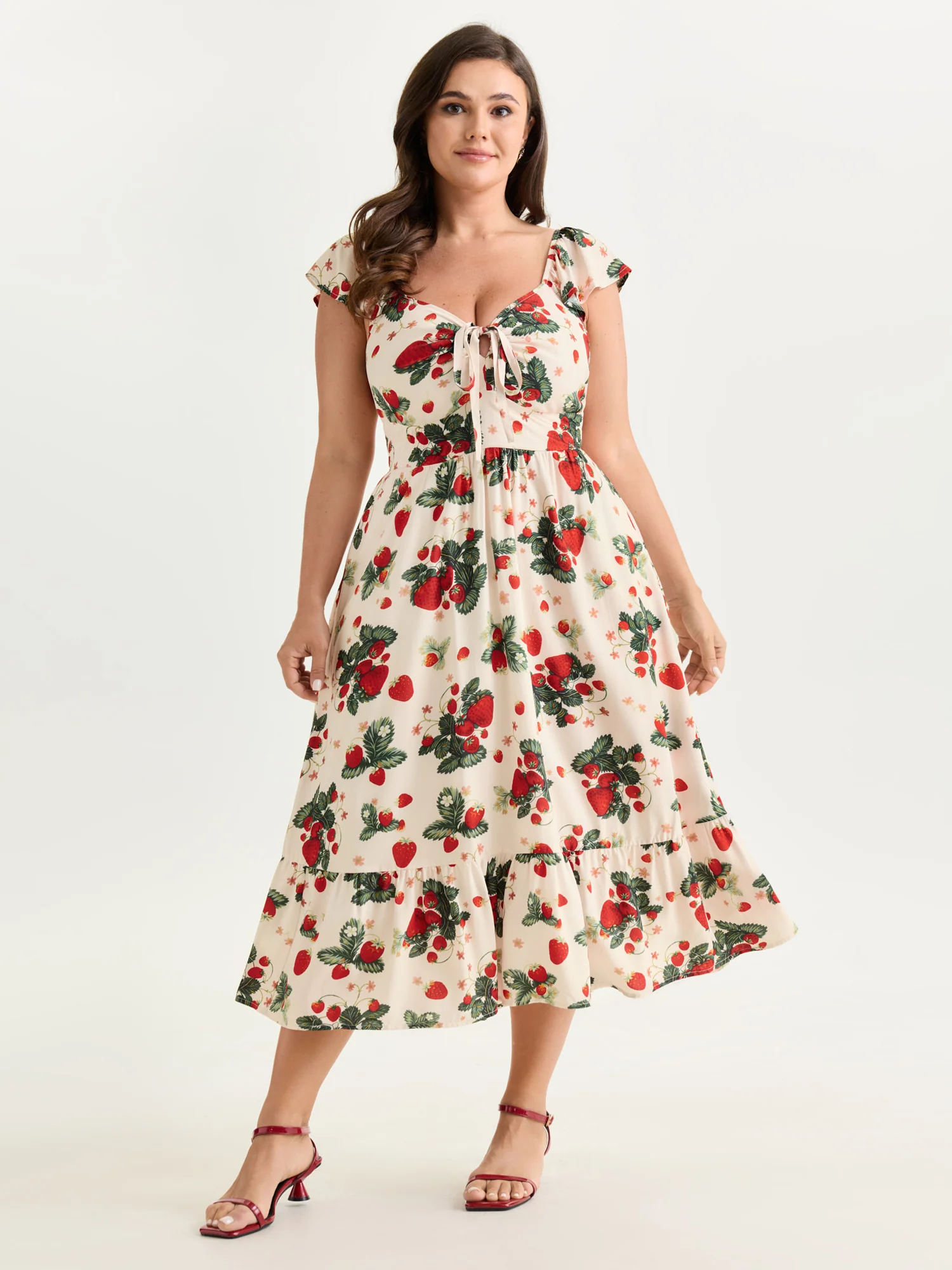 Strawberry Print Ruched Adjustable Bodice Midi Dress