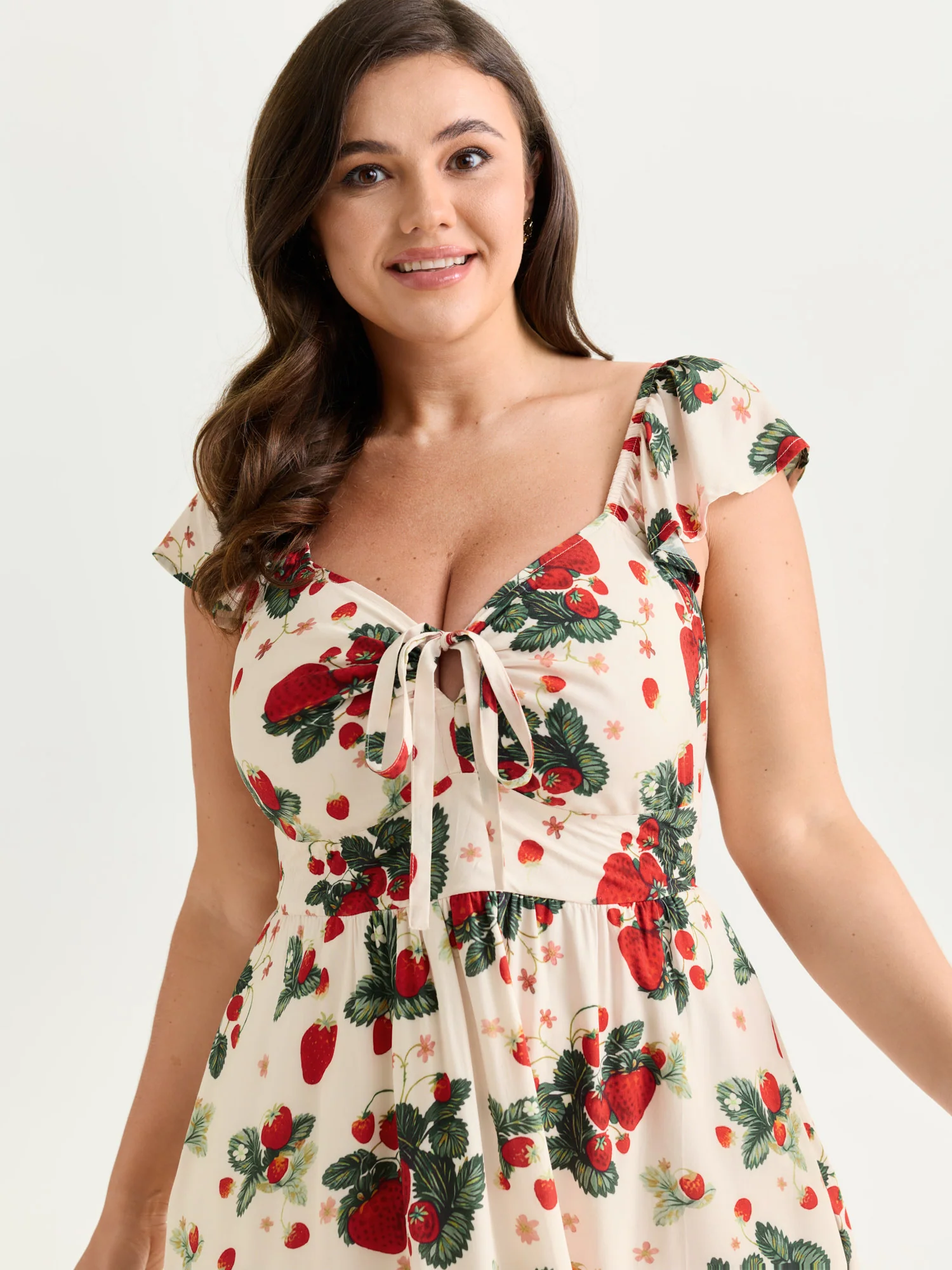Strawberry Print Ruched Adjustable Bodice Midi Dress - Image 2