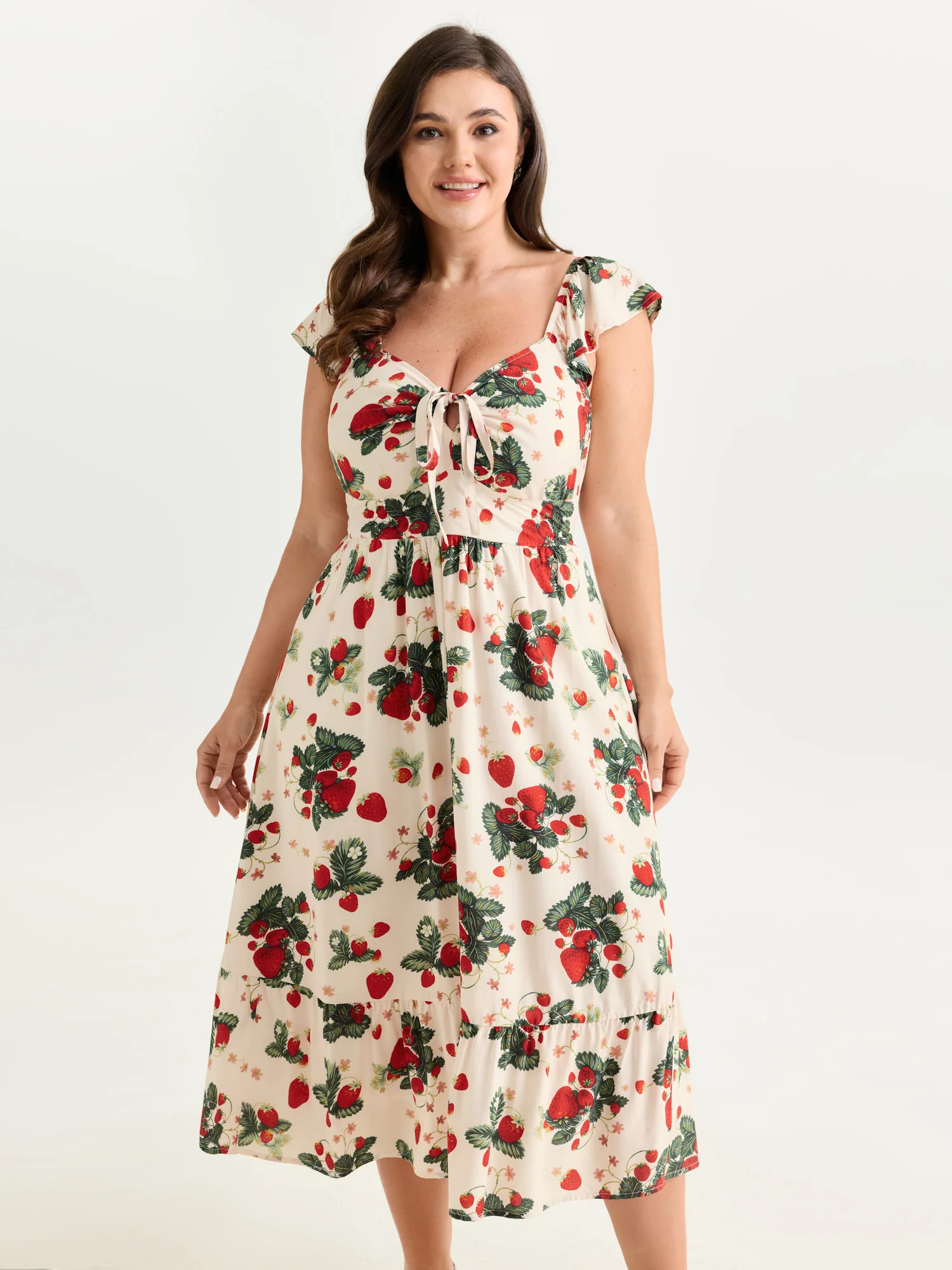 Strawberry Print Ruched Adjustable Bodice Midi Dress - Image 3