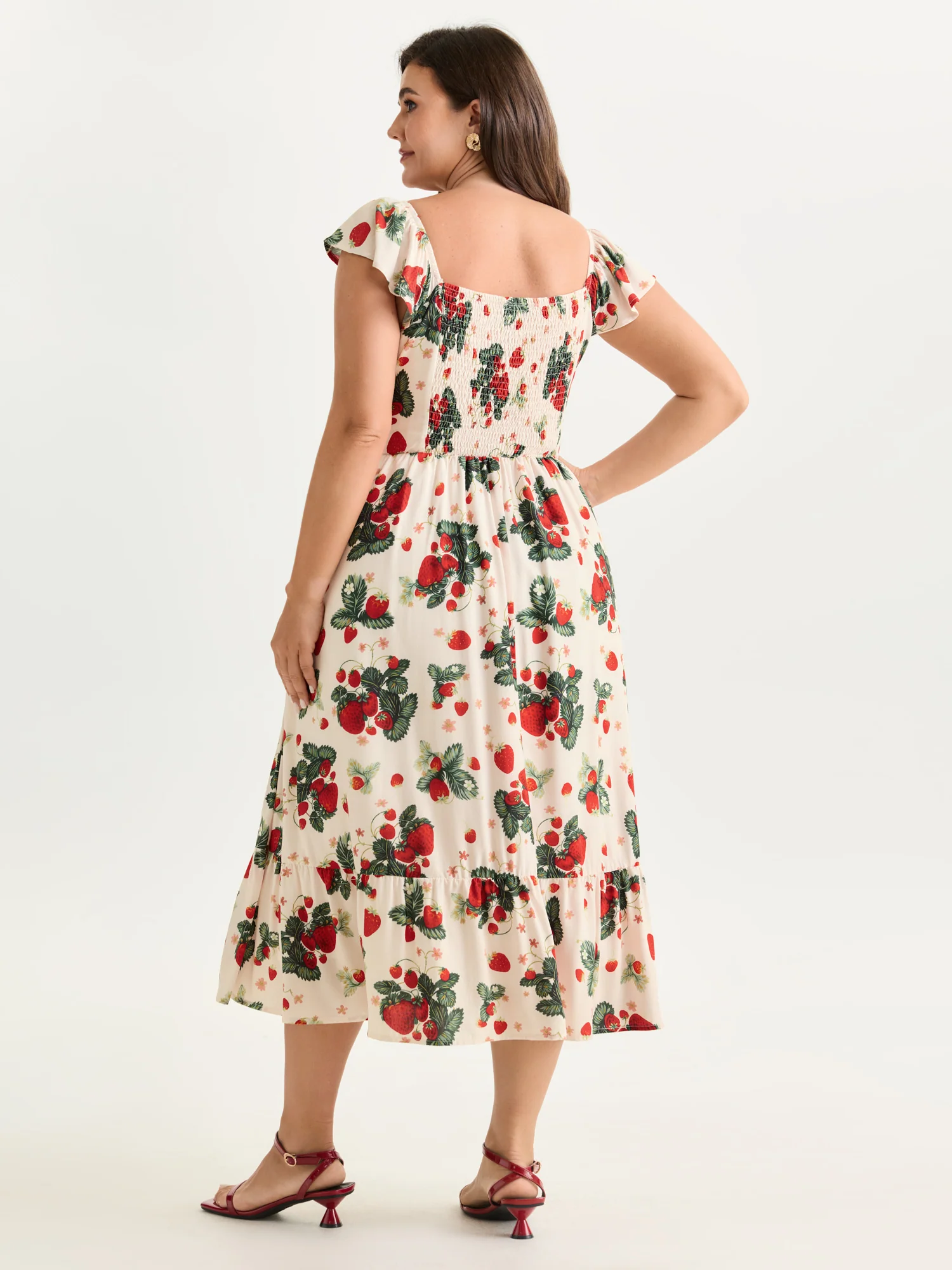 Strawberry Print Ruched Adjustable Bodice Midi Dress - Image 4
