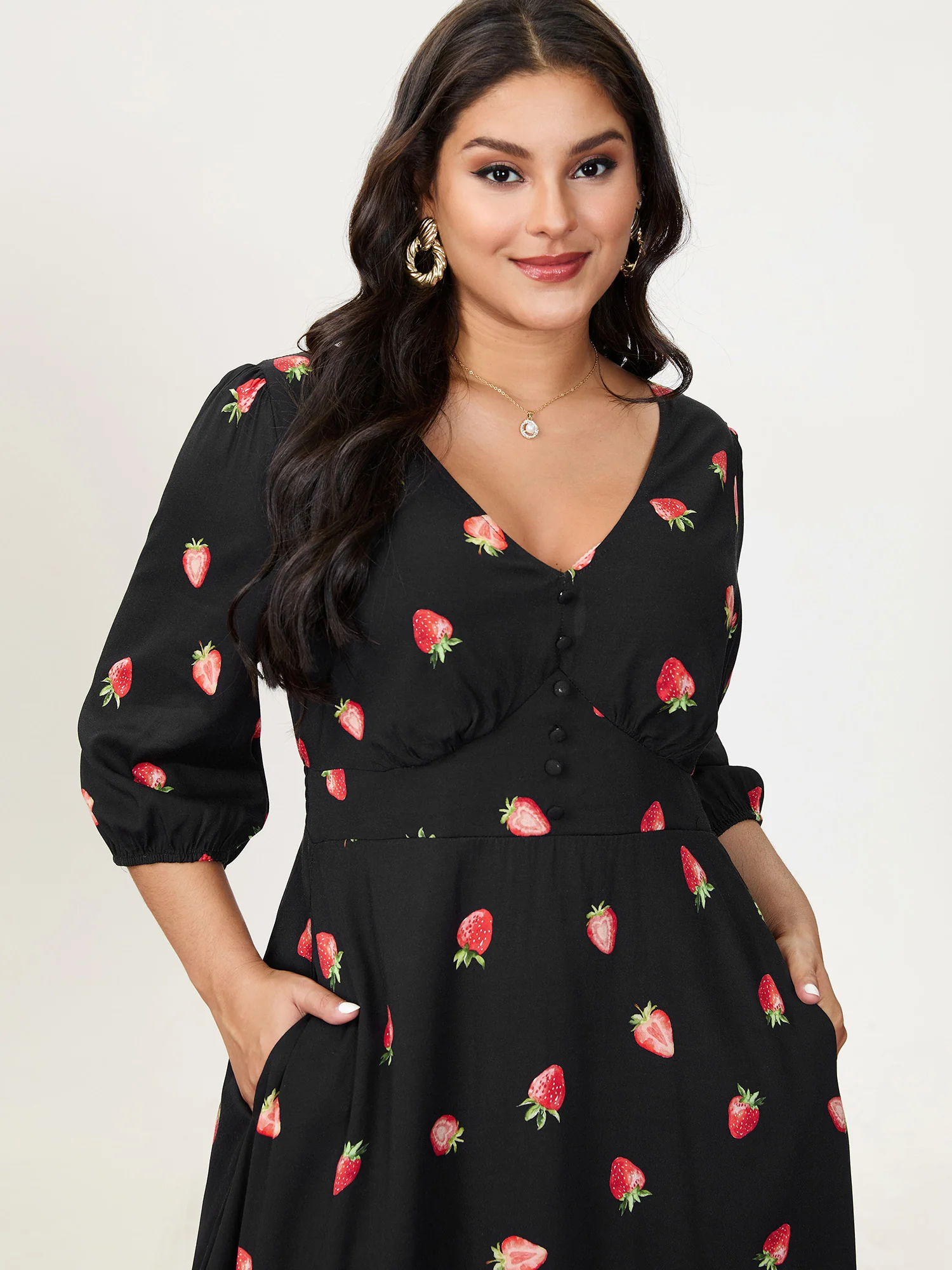 Strawberry Print Shirred Waist Midi Dress - Image 2