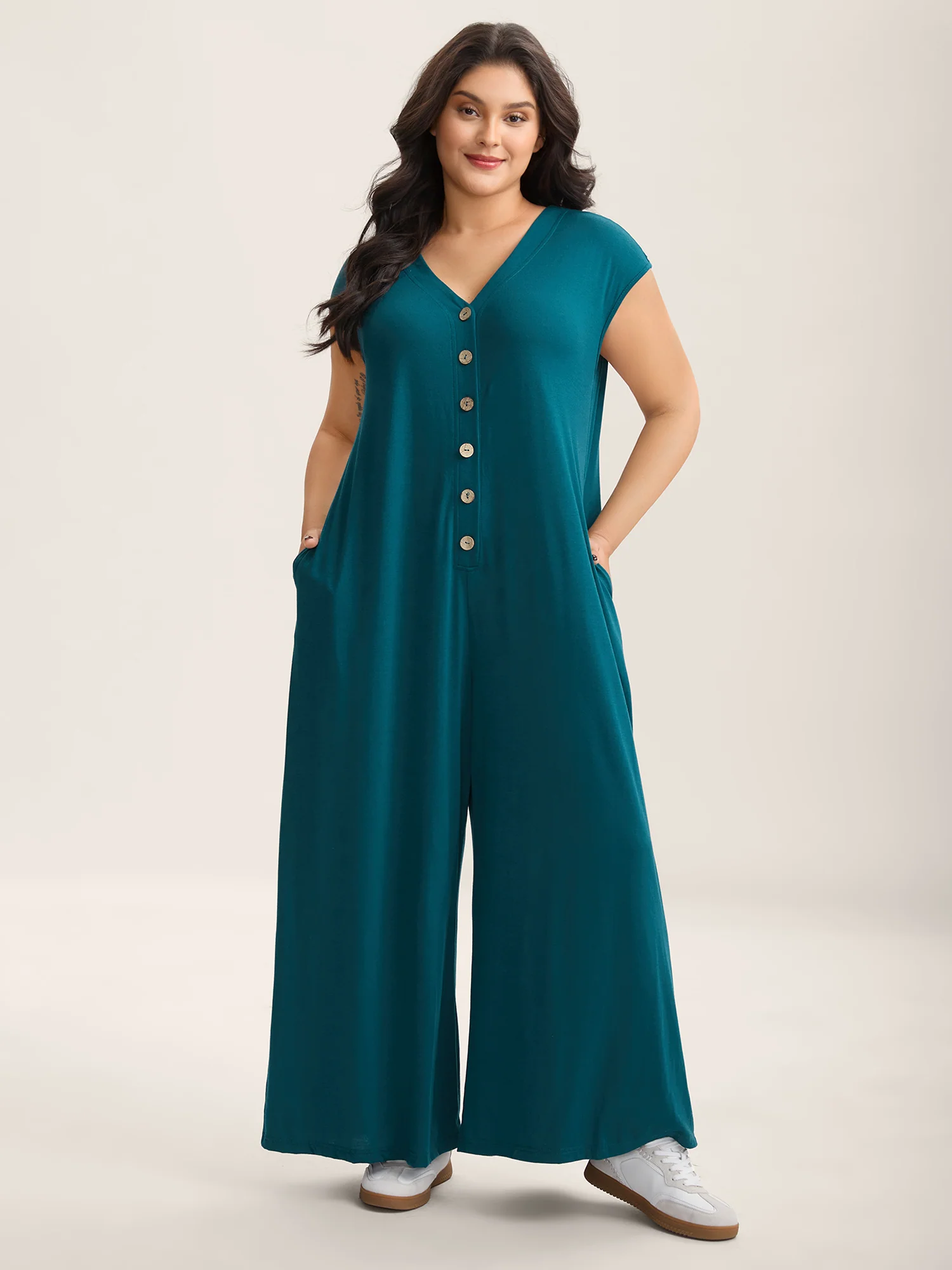 Stretch Button Pockets Solid Jumpsuit - Image 3