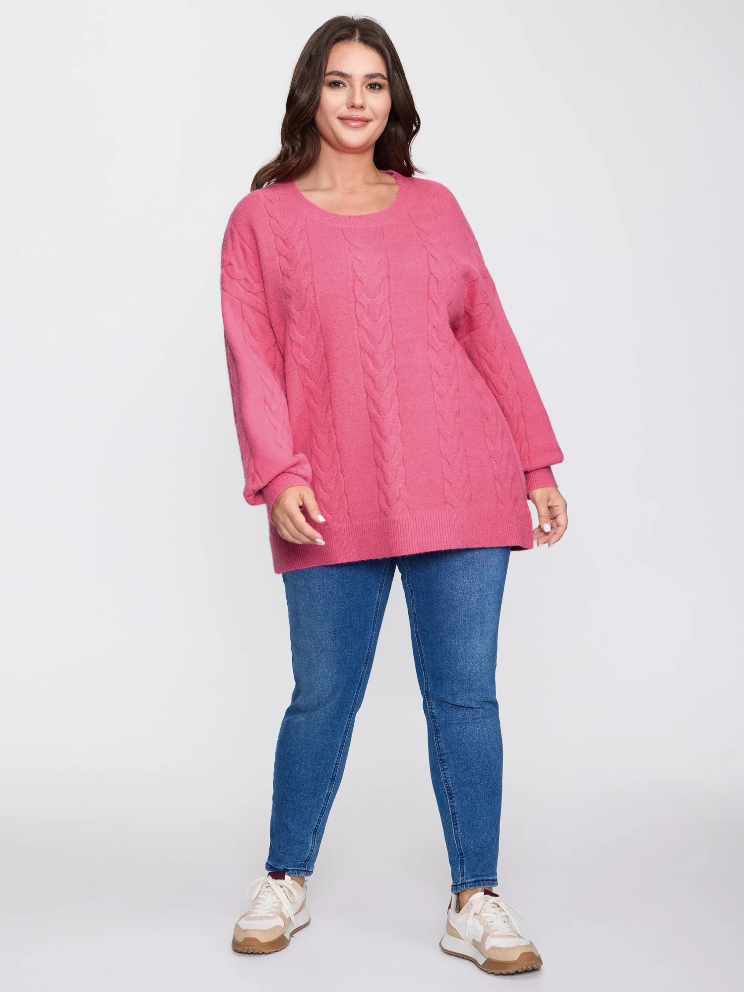 Stretch Cableknit Textured Round Neck Pullover - Image 3