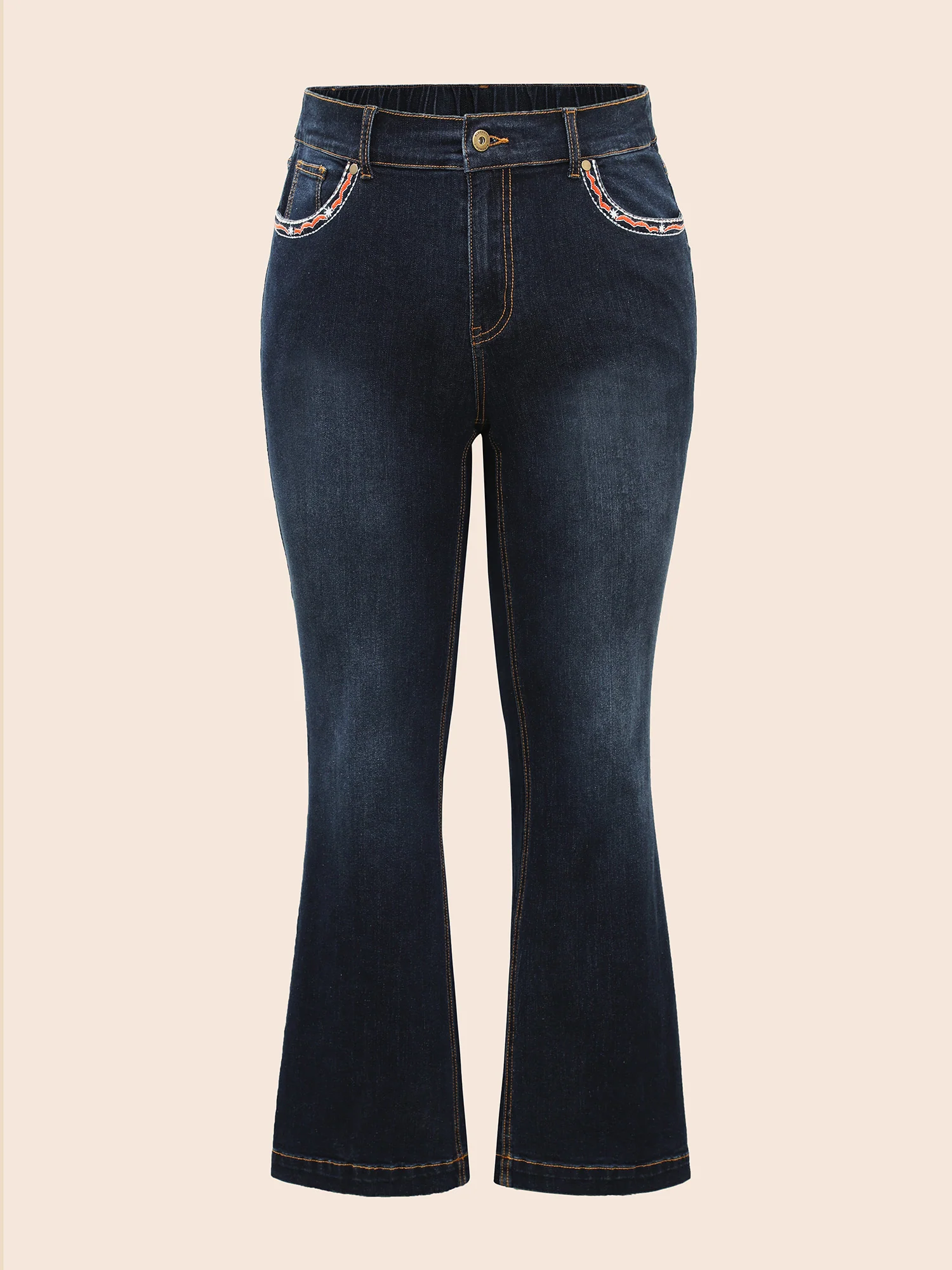 Stretch Denim Front Embroided Pockets Flare Jeans - Image 8